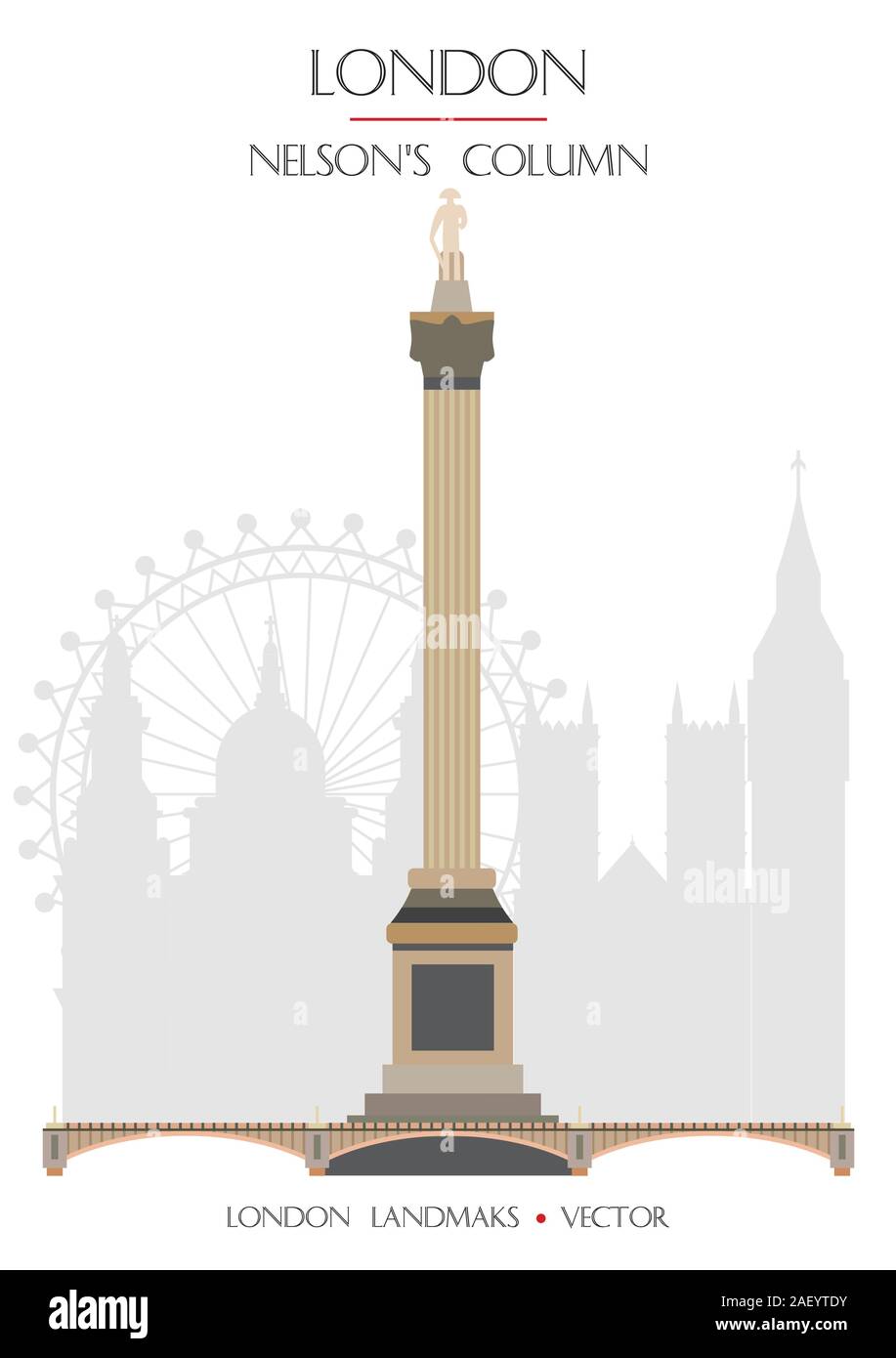 Colorful vector Nelson's Column, famous landmark of London, England. Vector illustration isolated on white background. Stock illustration Stock Vector
