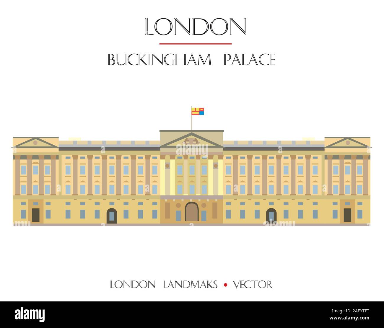 Colorful vector Buckingham Palace, famous landmark of London, England. Vector flat illustration isolated on white background. Stock illustration Stock Vector