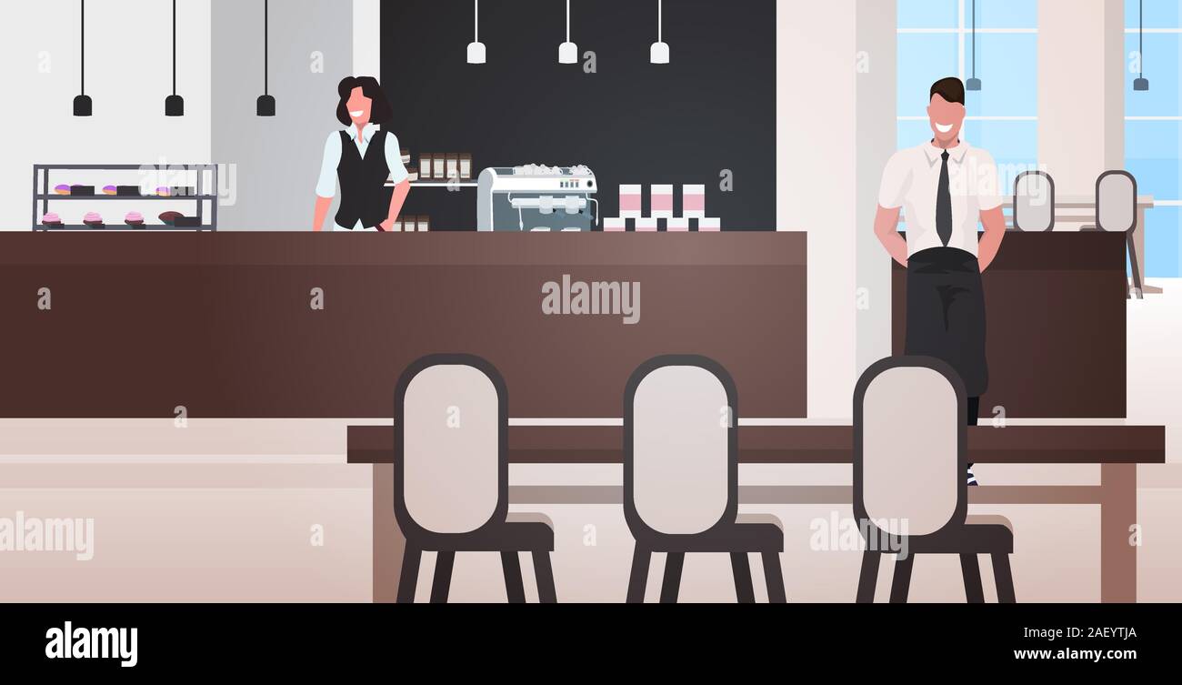 male waiter with female barista working together man woman in uniform standing near counter desk modern cafe interior horizontal full length vector illustration Stock Vector
