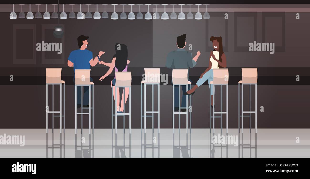 people sitting on stools at bar counter desk mix race visitors discussing during meeting modern restaurant interior horizontal full length vector illustration Stock Vector