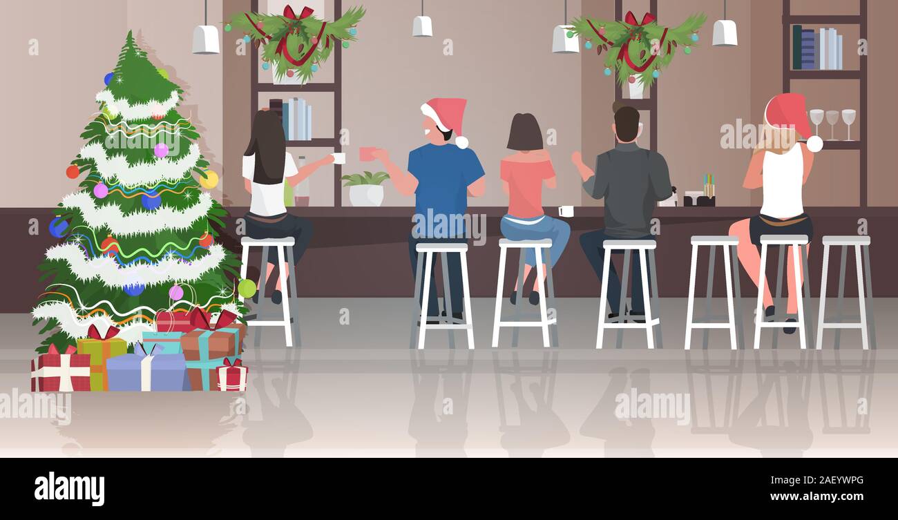 people in santa hats sitting on stools at cafe counter desk mix race visitors celebrating christmas new year holidays concept modern restaurant interior horizontal full length vector illustration Stock Vector