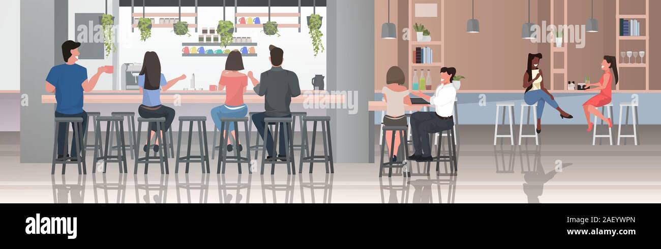 people sitting on stools at bar counter desk mix race visitors discussing during meeting spending time in cafetria modern restaurant interior horizontal full length vector illustration Stock Vector