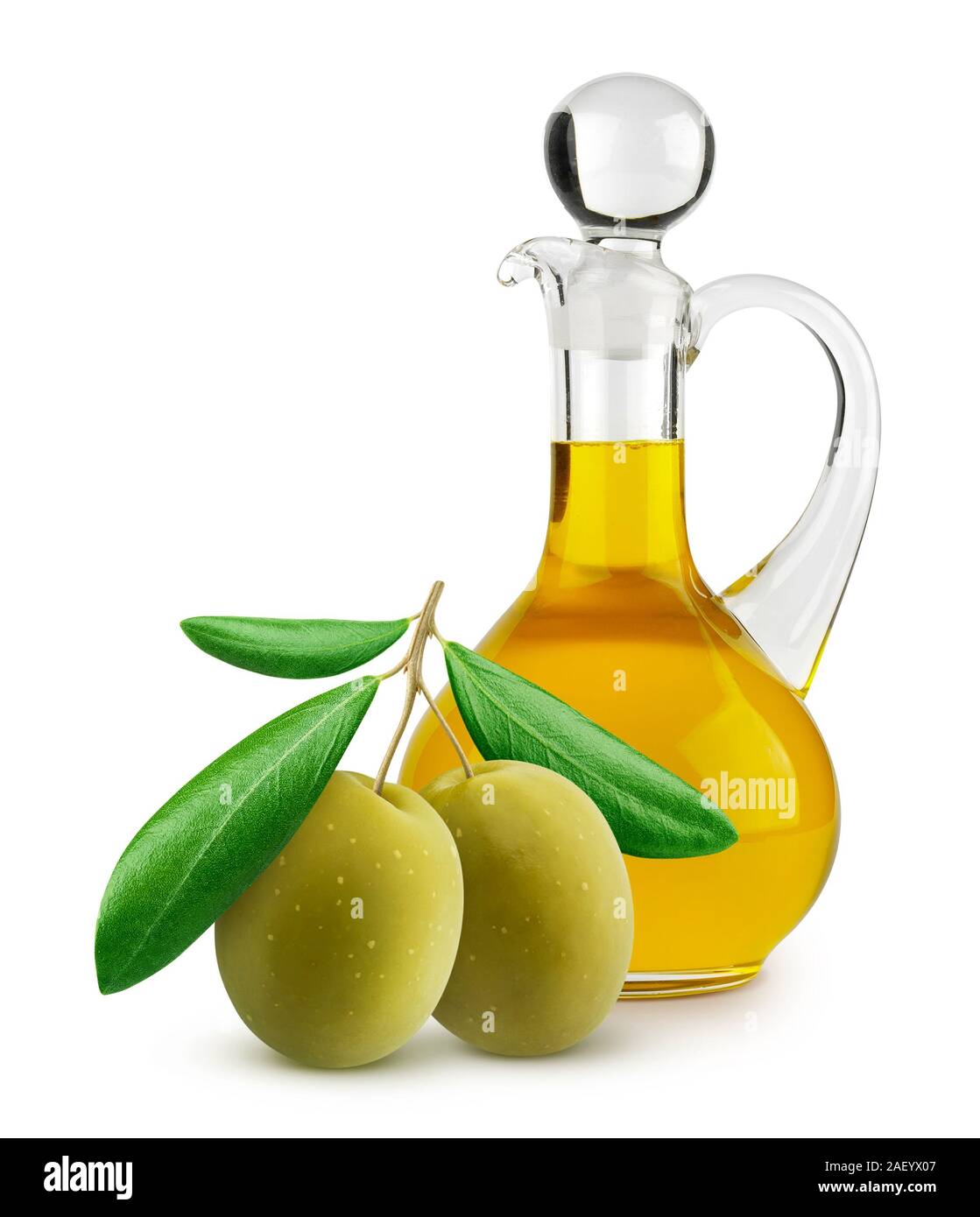 Bottle of fresh extra virgin olive oil and green olives with leaves ...