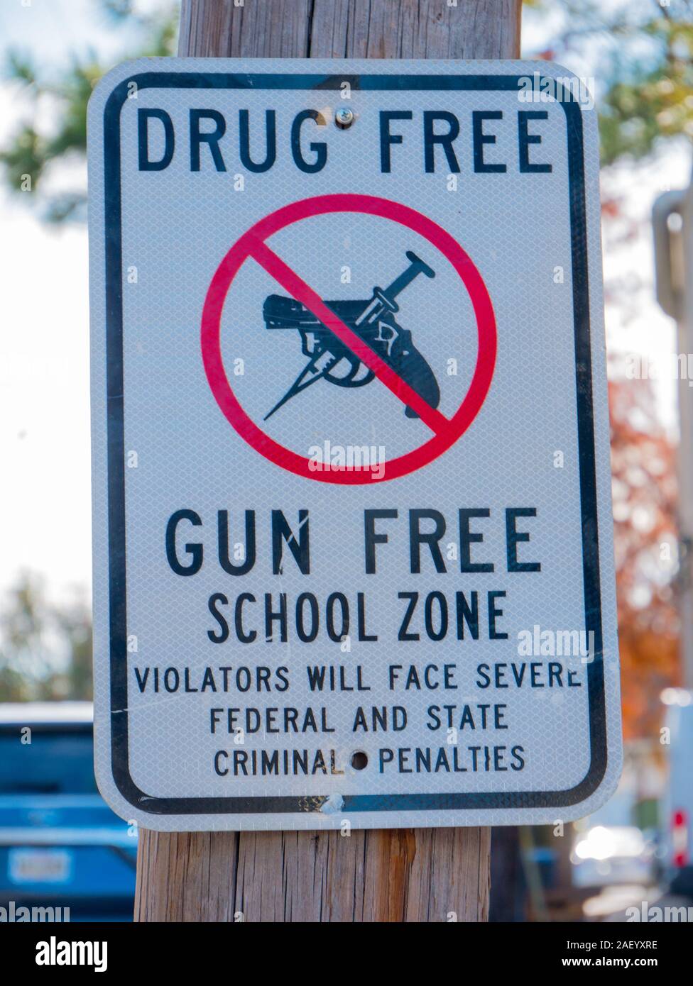 Drug Free and Gun Free School Zone sign in New Orleans, Louisiana, USA. Stock Photo