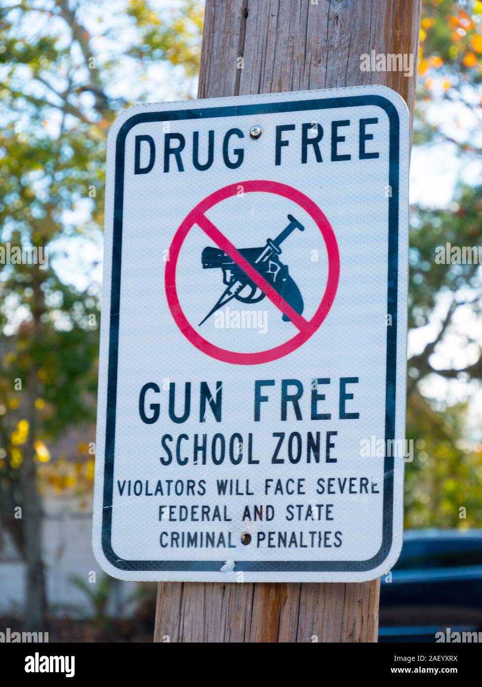 Drug Free and Gun Free School Zone sign in New Orleans, Louisiana, USA. Stock Photo