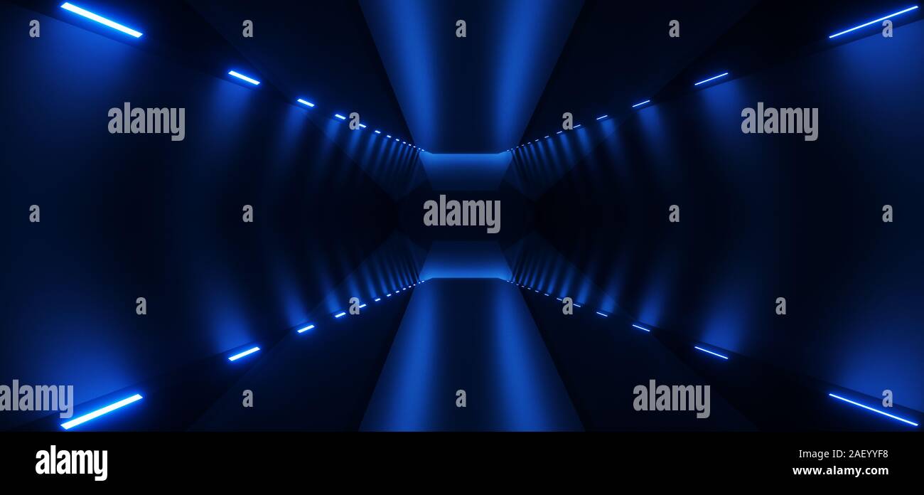 Futuristic Tunnel Corridor Sci Fi Blue Glowing Led Neon Lights