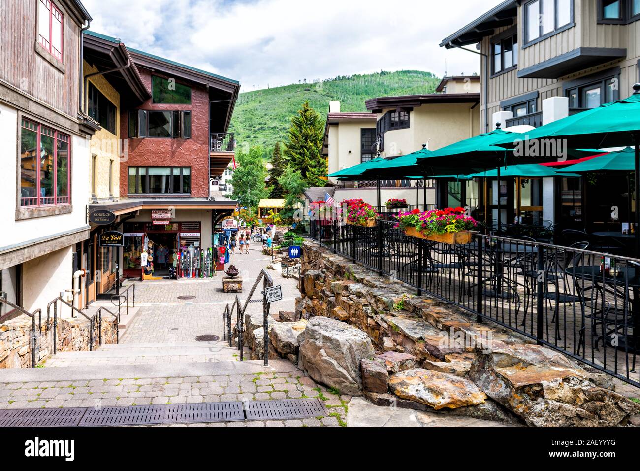 Vail, USA June 29, 2019 Swiss style ski resort town in Colorado with