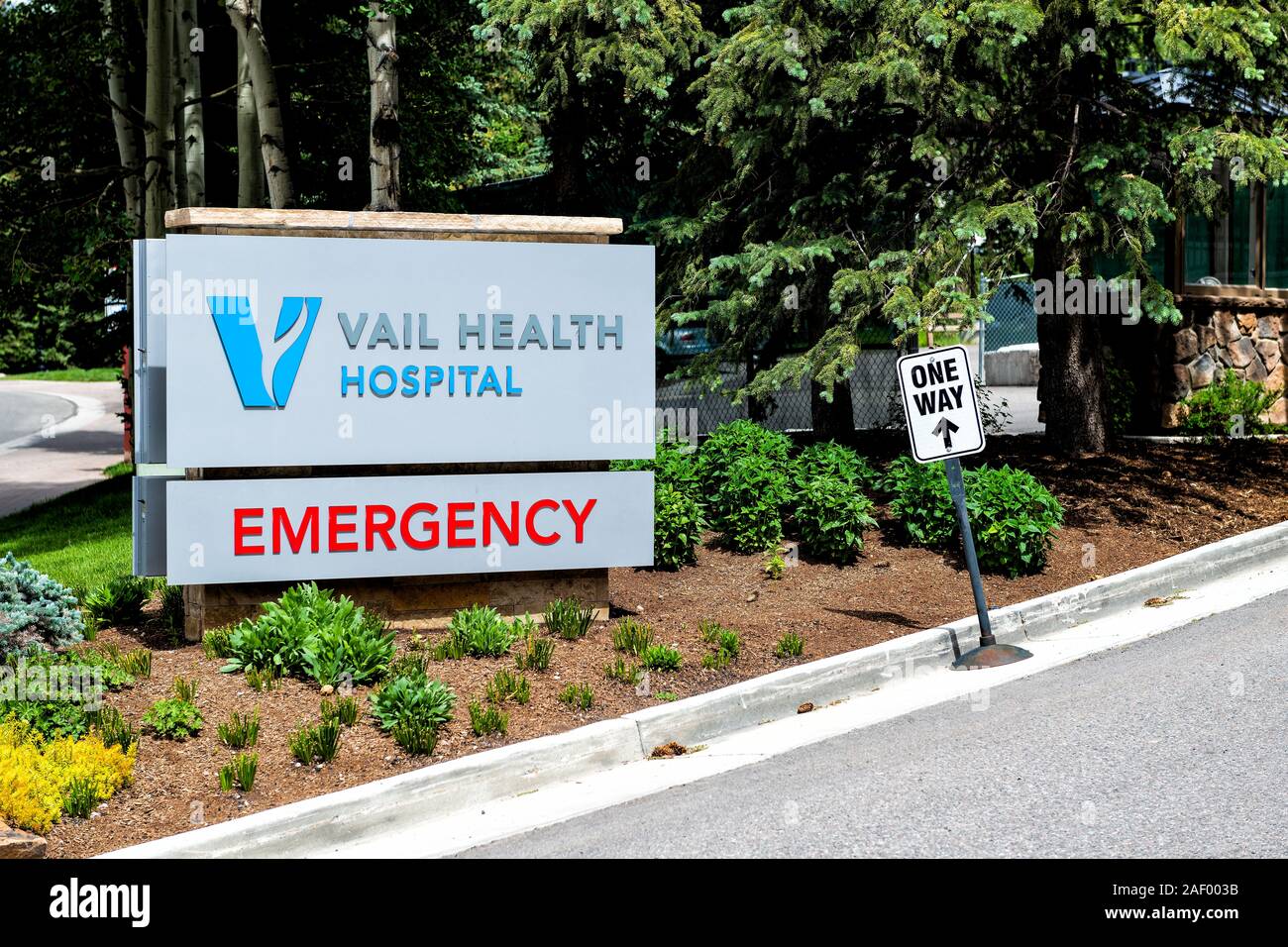 Vail, USA - June 29, 2019: Ski resort town in Colorado with closeup sign for emergency room health hospital entrance Stock Photo