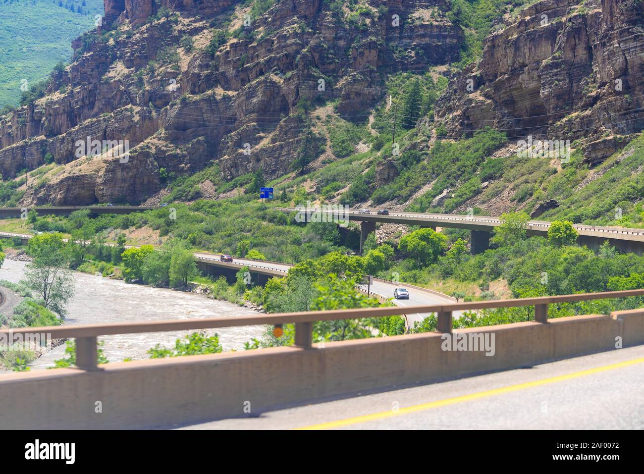 Glenwood Springs, USA - June 29, 2019: Glenwood Canyon on i70 interstate  freeway highway through Colorado towns with cliffs and cars in traffic on  roa Stock Photo - Alamy