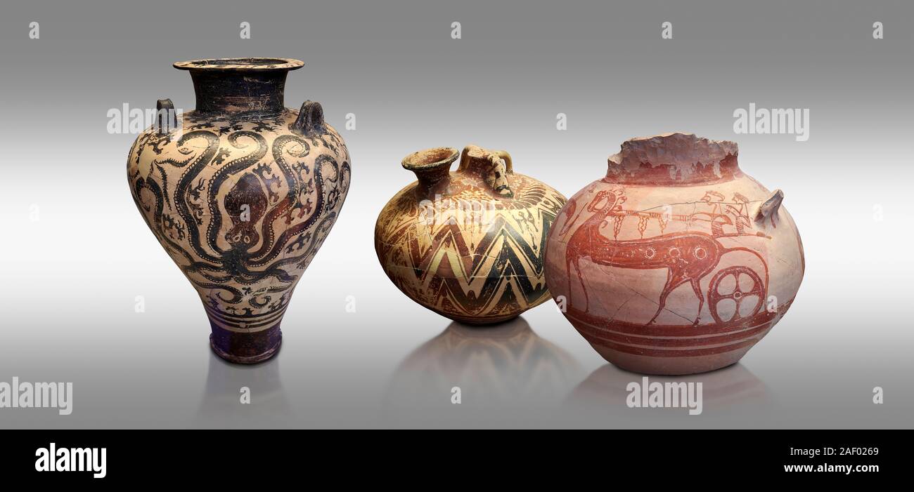 Mycenaean pots and vases depicting octopuses and Mycenaean chariots, National Archaeological Museum Athens. Grey Background  Left: Three handled Palac Stock Photo