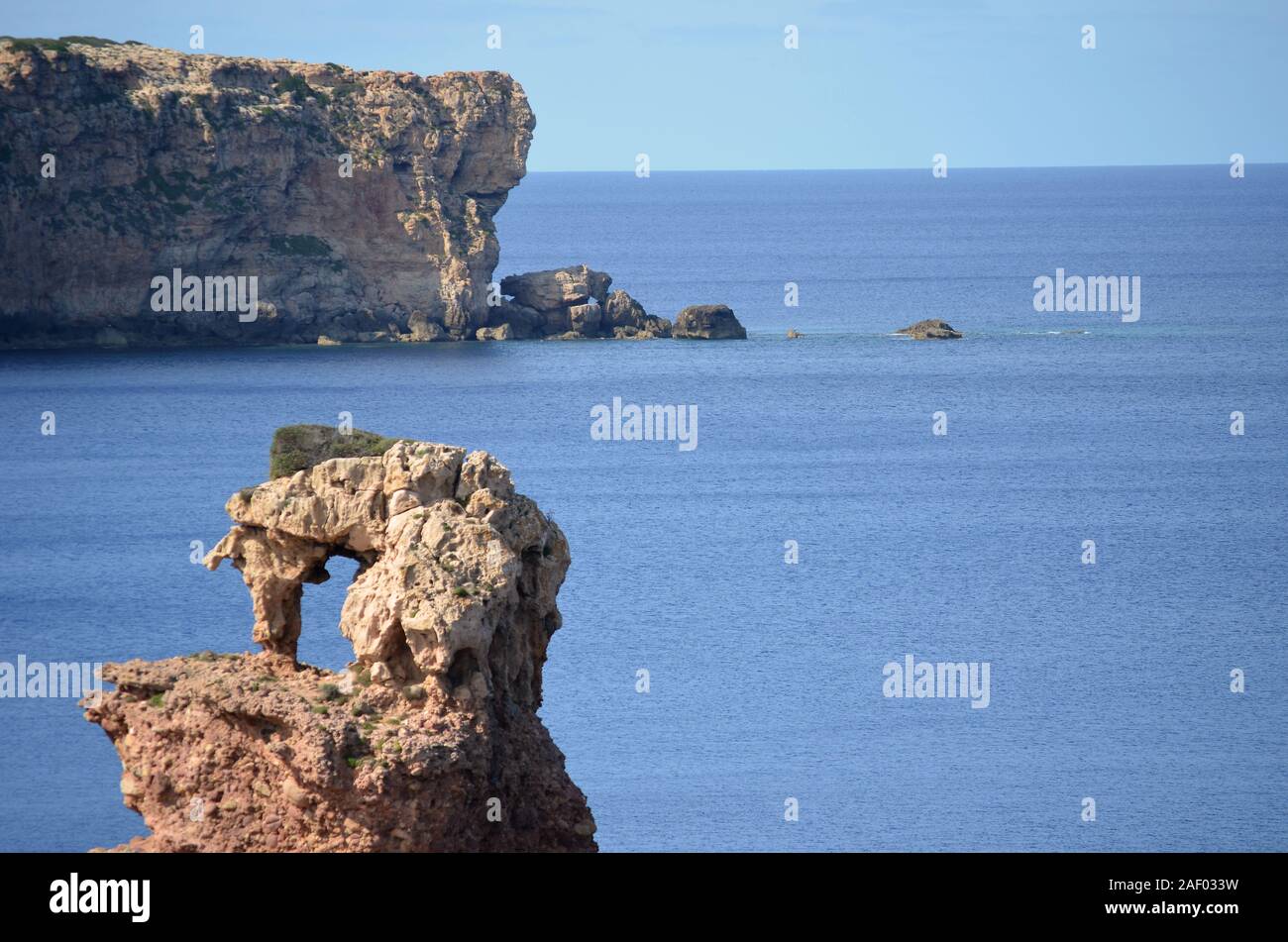 Rock-shaped elephant on the coast of Menorca. Cala Morell. Balearics.Spain Stock Photo