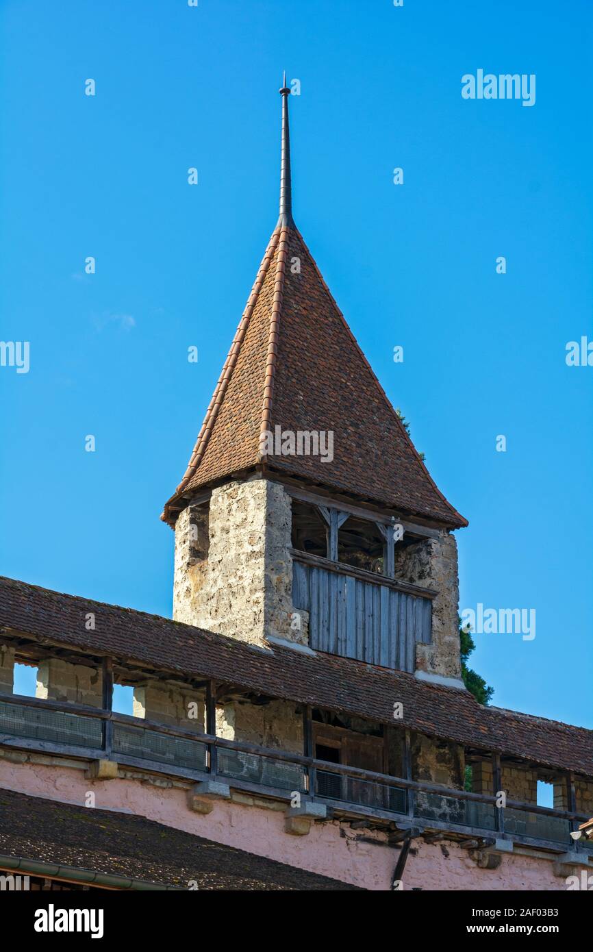 Switzerland, Fribourg Canton, Murten in German, Morat in French, Town Rampart Wall, tower Stock Photo