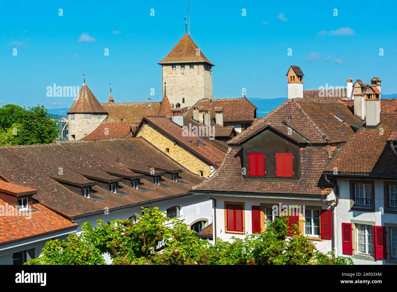 Switzerland, Fribourg Canton, Murten in German, Morat in French, view from Town Rampart Wall, Castle tower Stock Photo