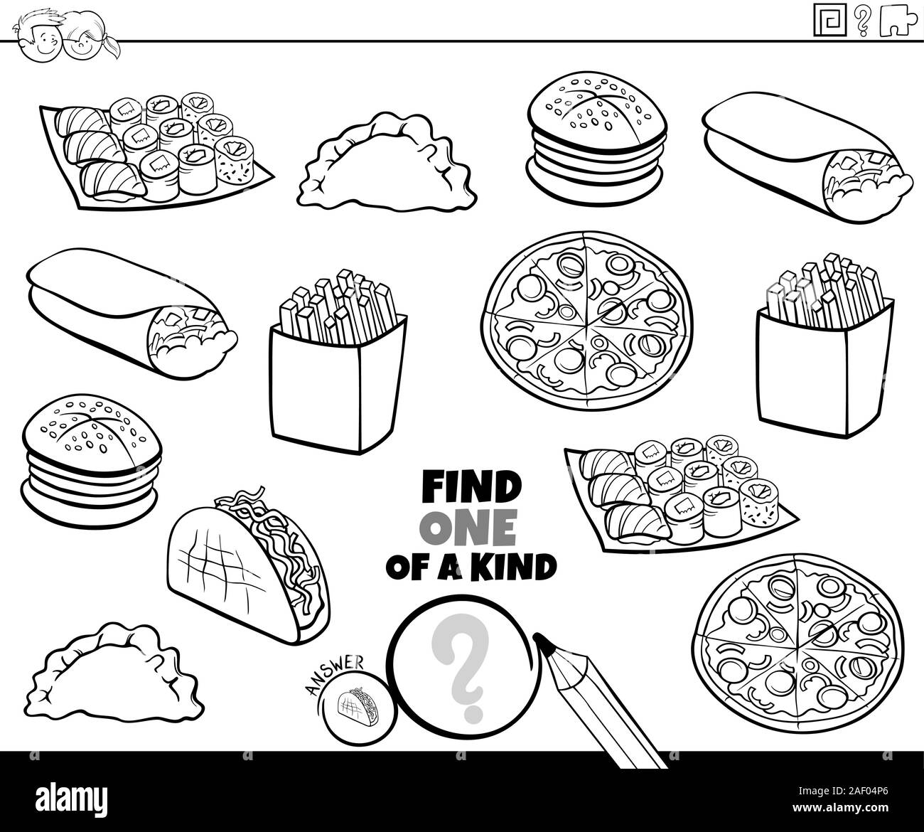 Black and White Cartoon Illustration of Find One of a Kind Picture Educational Game with Food Objects Coloring Book Page Stock Vector