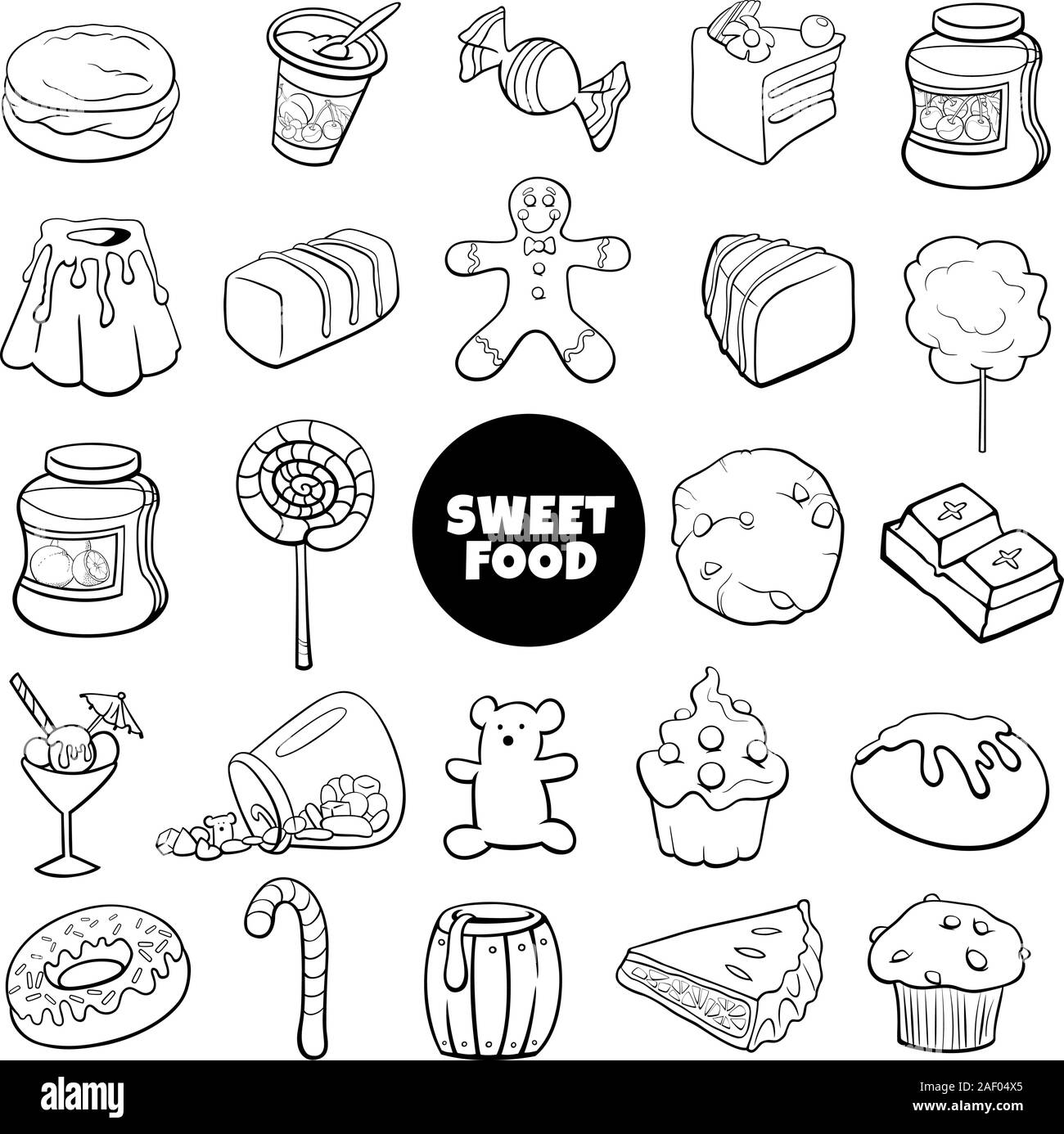 Black and White Cartoon Illustration of Sweet Food Objects Large Set Stock Vector