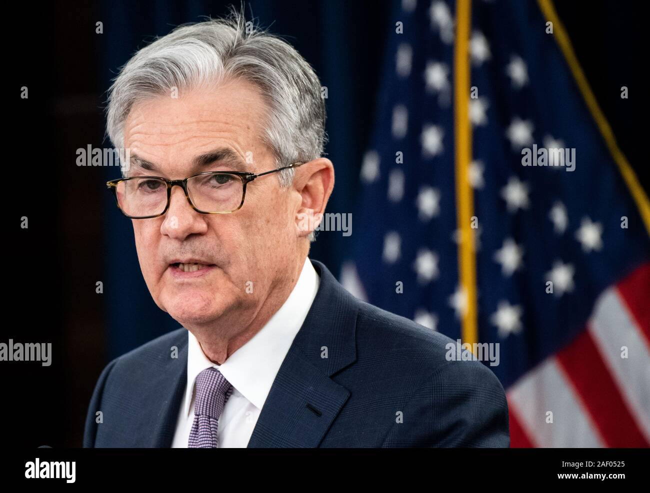 Washington, United States. 11th Dec, 2019. Federal Reserve Chairman Jerome Powell speaks following the December Federal Open Market Committee meeting, on Wednesday, December 11, 2019 in Washington, DC. Powell announced that the benchmark interest rate will remain unchanged, at a range of 1.5-1.75%. Photo by Kevin Dietsch/UPI Credit: UPI/Alamy Live News Stock Photo