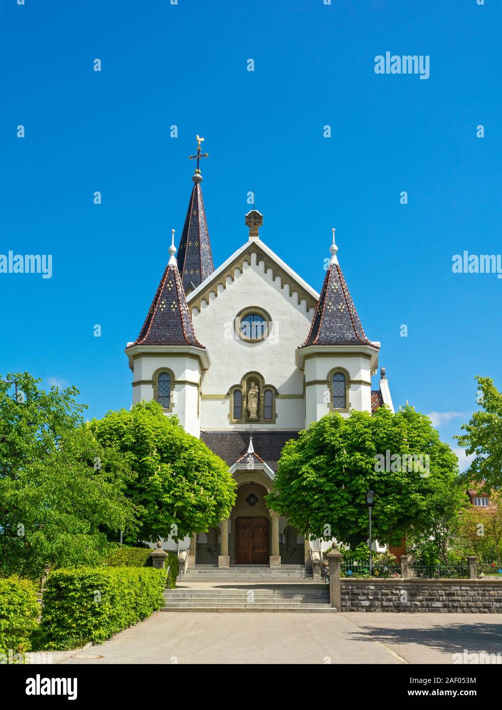 Switzerland, Fribourg Canton, Plaffeien, Maria Geburt catholic parish church, entire town is a Swiss Heritage Site Stock Photo