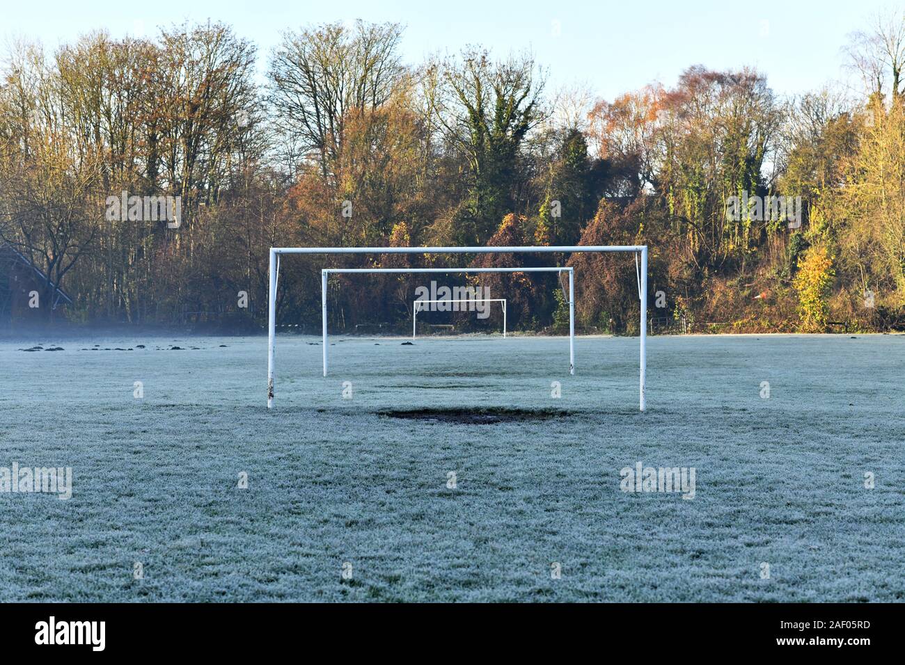 Municipal football sport pitches in winter Britain Uk Stock Photo