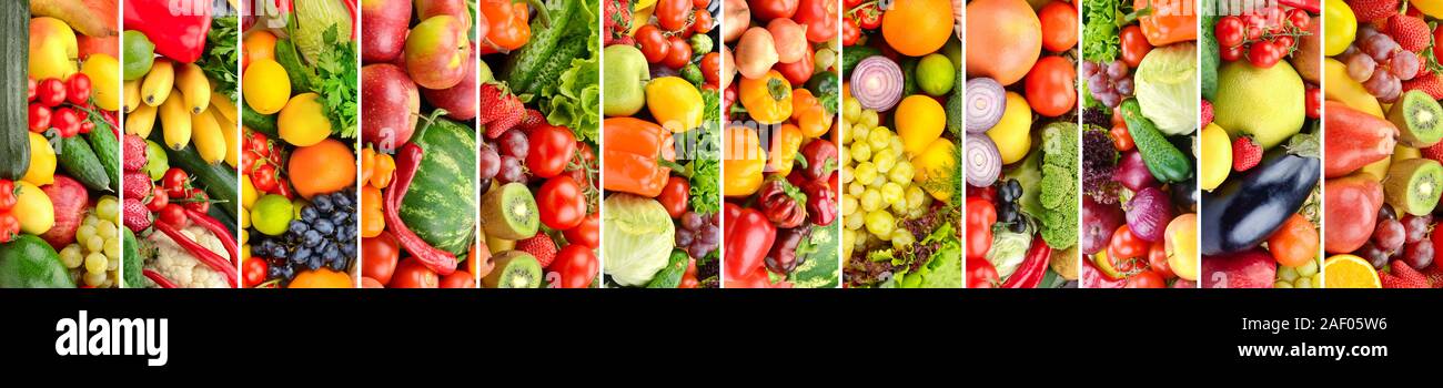 Wide panoramic collage vegetables, fruits and berries separated vertical lines Stock Photo