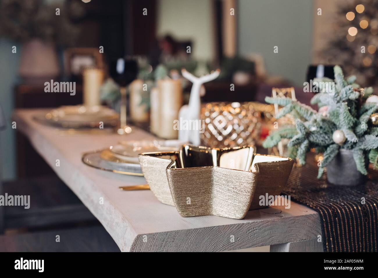 Beautiful table is setting for Christmas dinner Stock Photo