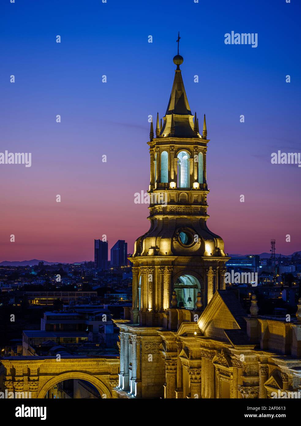 AREQUIPA, PERU - CIRCA SEPTEMBER 2019:  The Basilica Cathedral of Arequipa at dusk. It is the most important Catholic church of the city. The cathedra Stock Photo