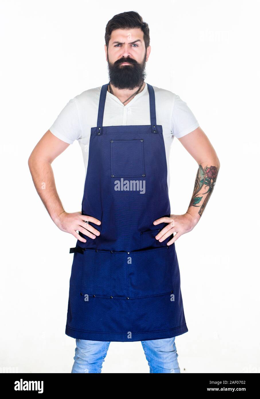 Man Brutal Bearded Hipster With Mustache Wear Apron Uniform