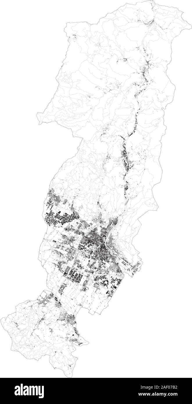 Satellite map of province of Prato, towns and roads, buildings and connecting roads of surrounding areas. Tuscany, Italy. Map roads, ring roads Stock Vector