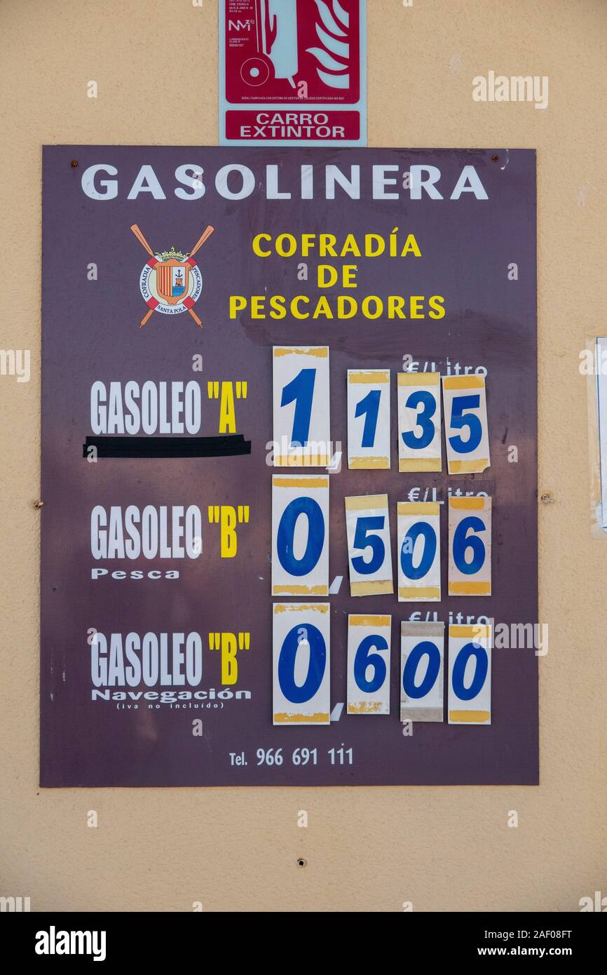 Fuel price board on the dock side gas station in the port of Santa Pola, Spain for fishing