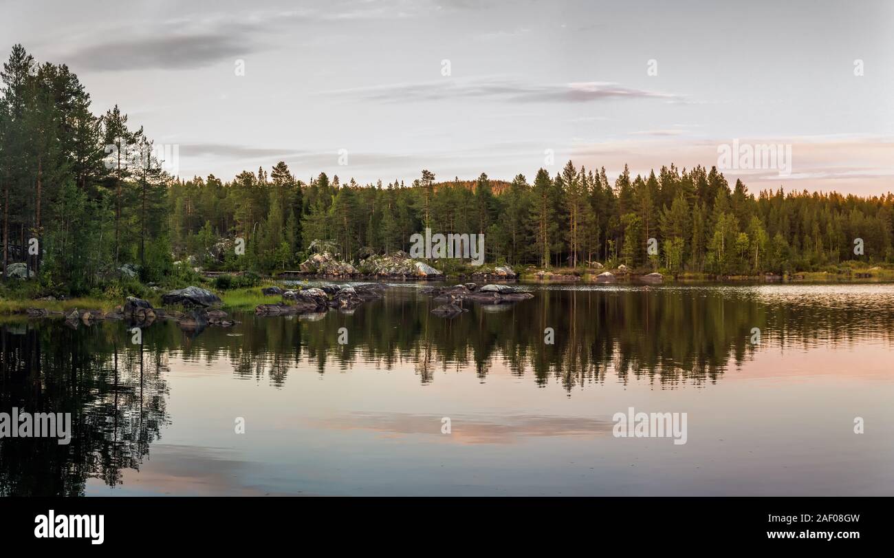 Sunset in marshland and pines surrounded by the mountains of the Muddus national park, Norrbotten County, Swedish Lapland Stock Photo