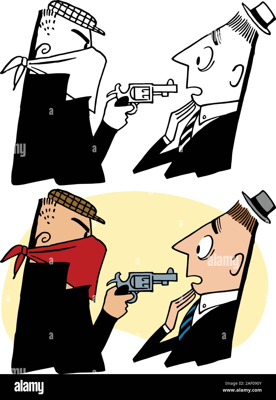 A masked man commits an armed robbery with a pistol. Stock Vector