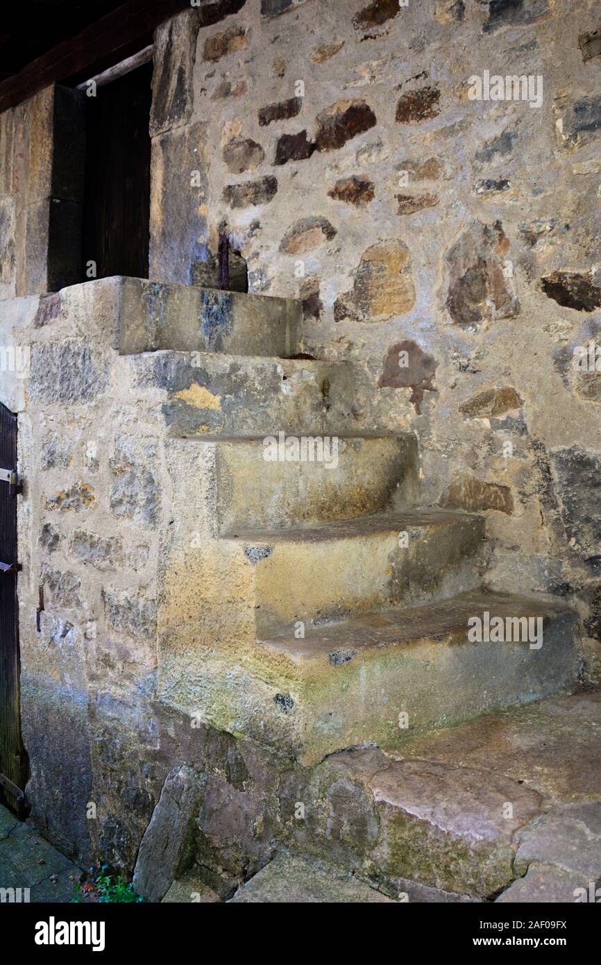 Old exterior - stone staircase in a castle, Bavaria, Germany Stock Photo