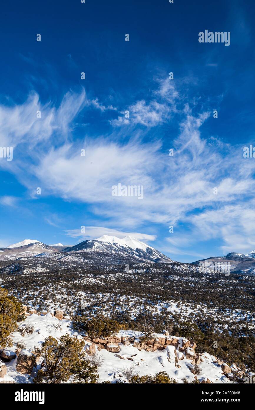 Looking upward toward the La Sal Mountains in southest Utah, USA. Stock Photo