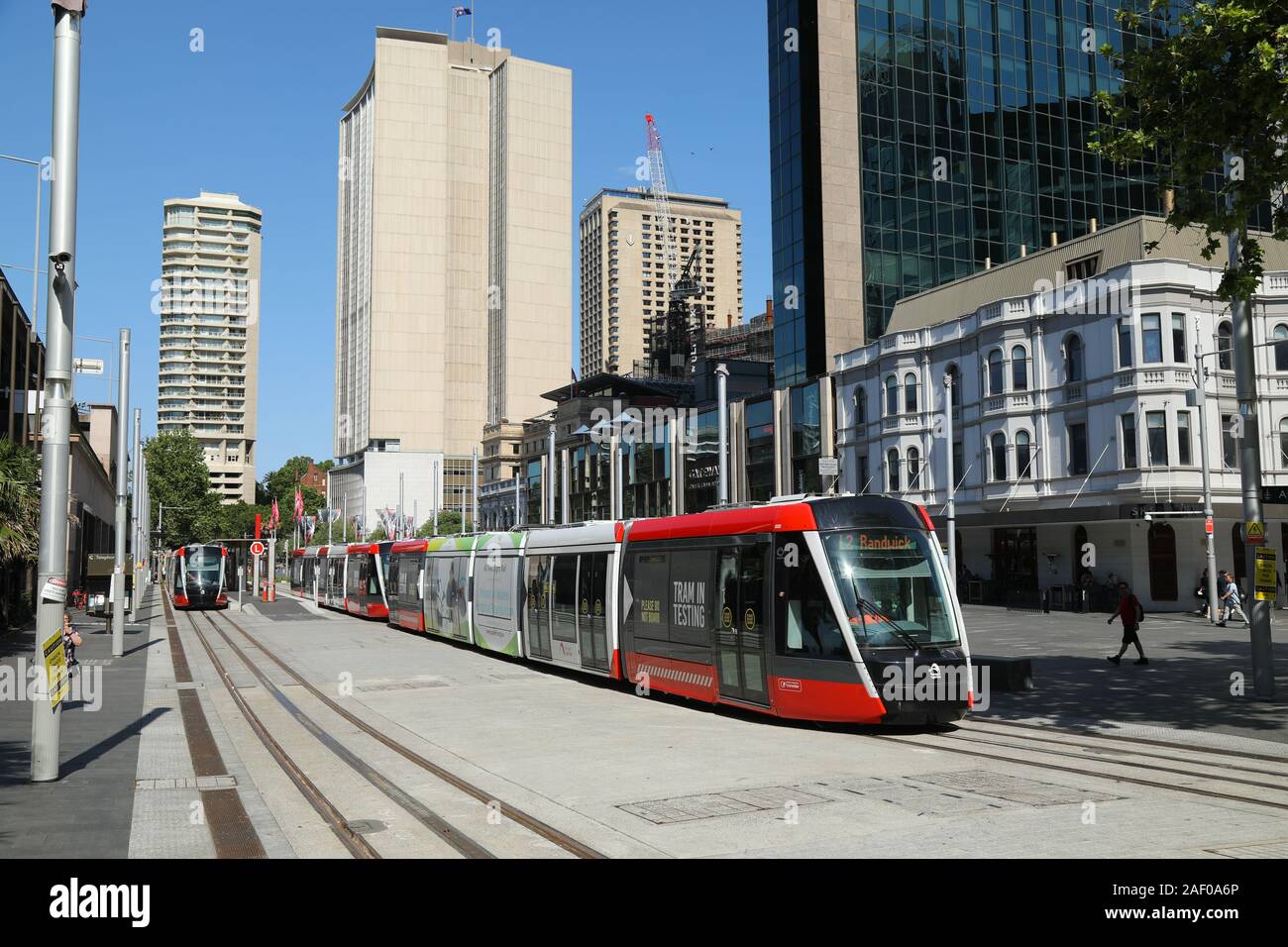 Sydney light rail tram being tested at Circular Quay, Sydney, on 4th November, 2019. Stock Photo