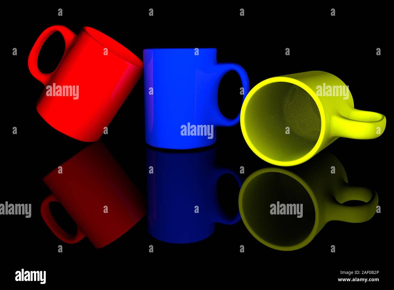 3D render of three coffee mugs isolated on solid color background Stock Photo
