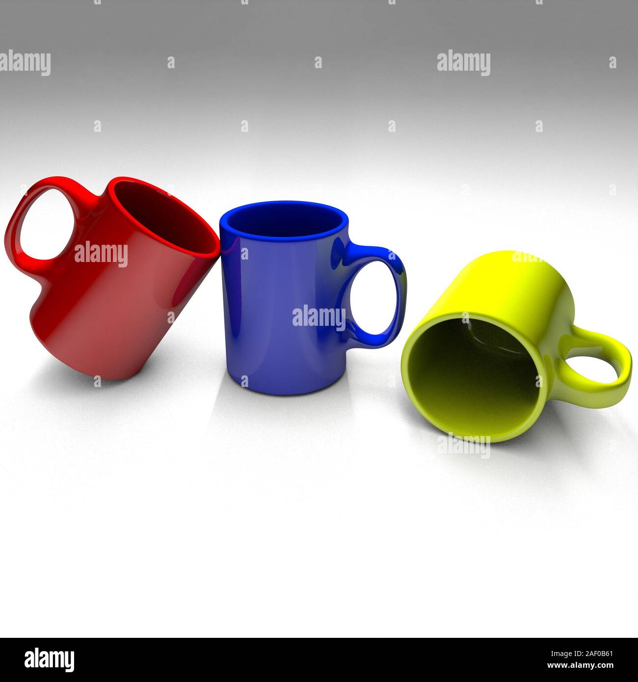 3D render of three coffee mugs isolated on solid color background Stock Photo