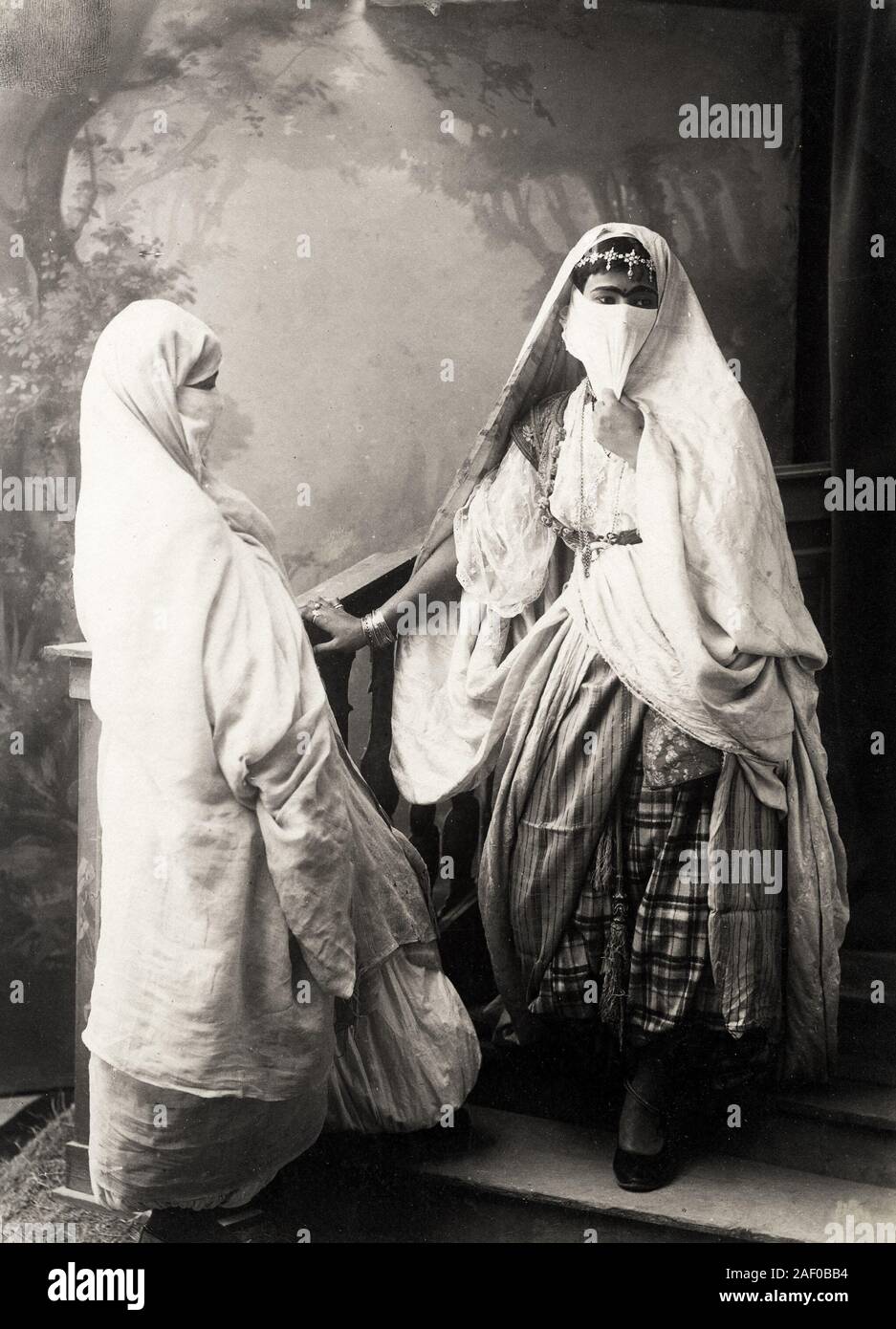 Portrait of young veiled North African women, probably Algeria or ...