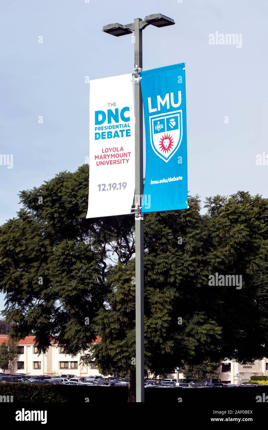 Los Angeles, California, USA. 11th Dec, 2019. Signage for the sixth Democratic presidential candidates' debate on December 19, 2019, co-sponsored by PBS NewsHour and POLITICO and held at Loyola Marymount University's Gersten Pavilion. Credit: Brian Cahn/ZUMA Wire/Alamy Live News Stock Photo