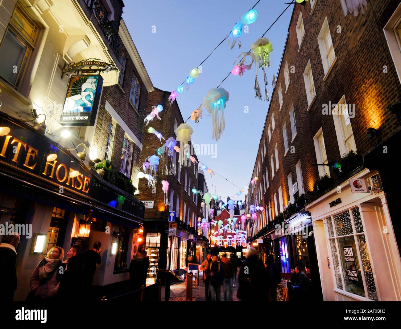 UK, england, london, Christmas lights Newburgh St dusk Stock Photo