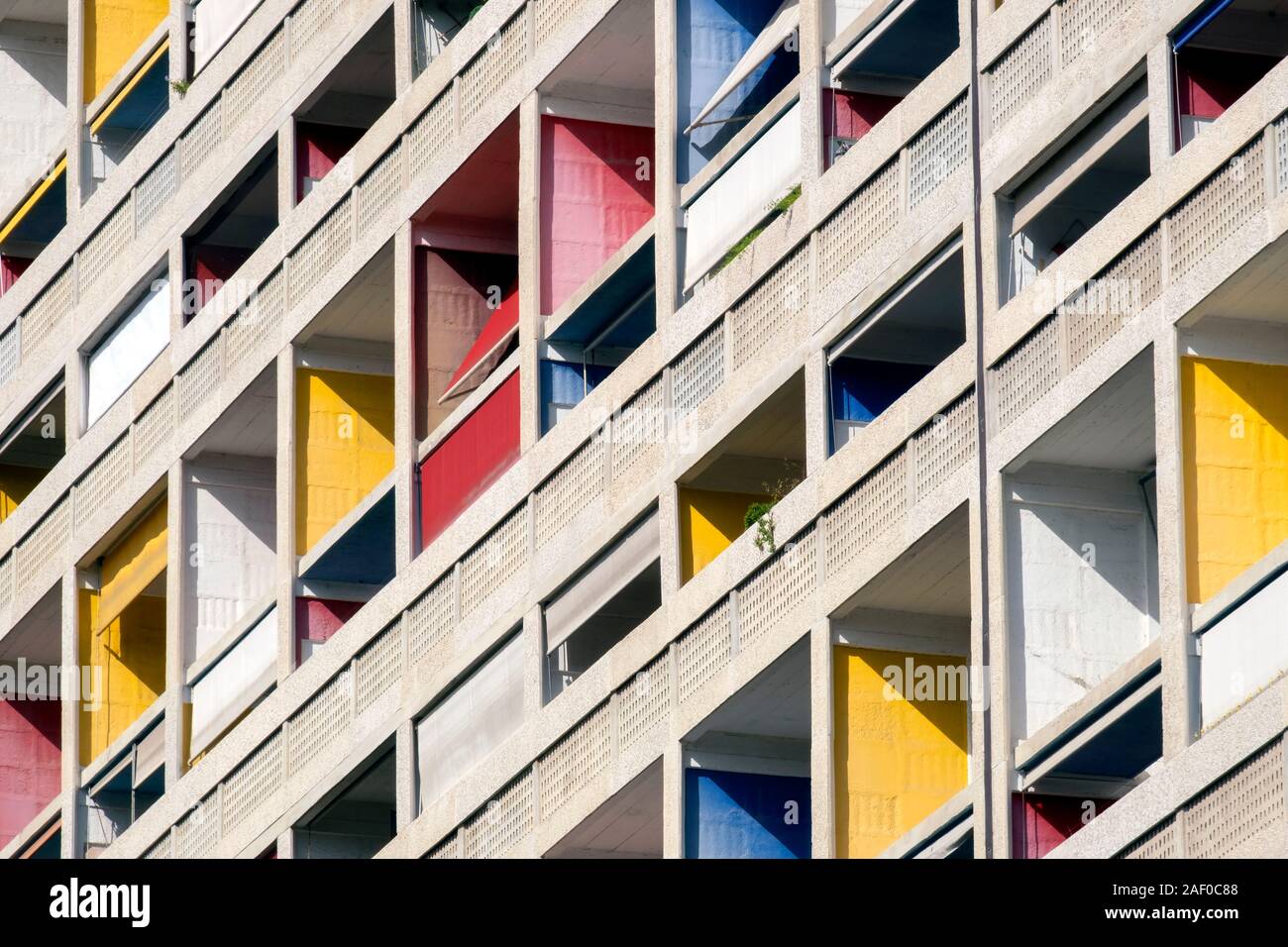 Colourful / colorful balconies, Cité Radieuse or Unité d'Habitation by Le Corbusier, Marseille, Provence, France, Europe Stock Photo
