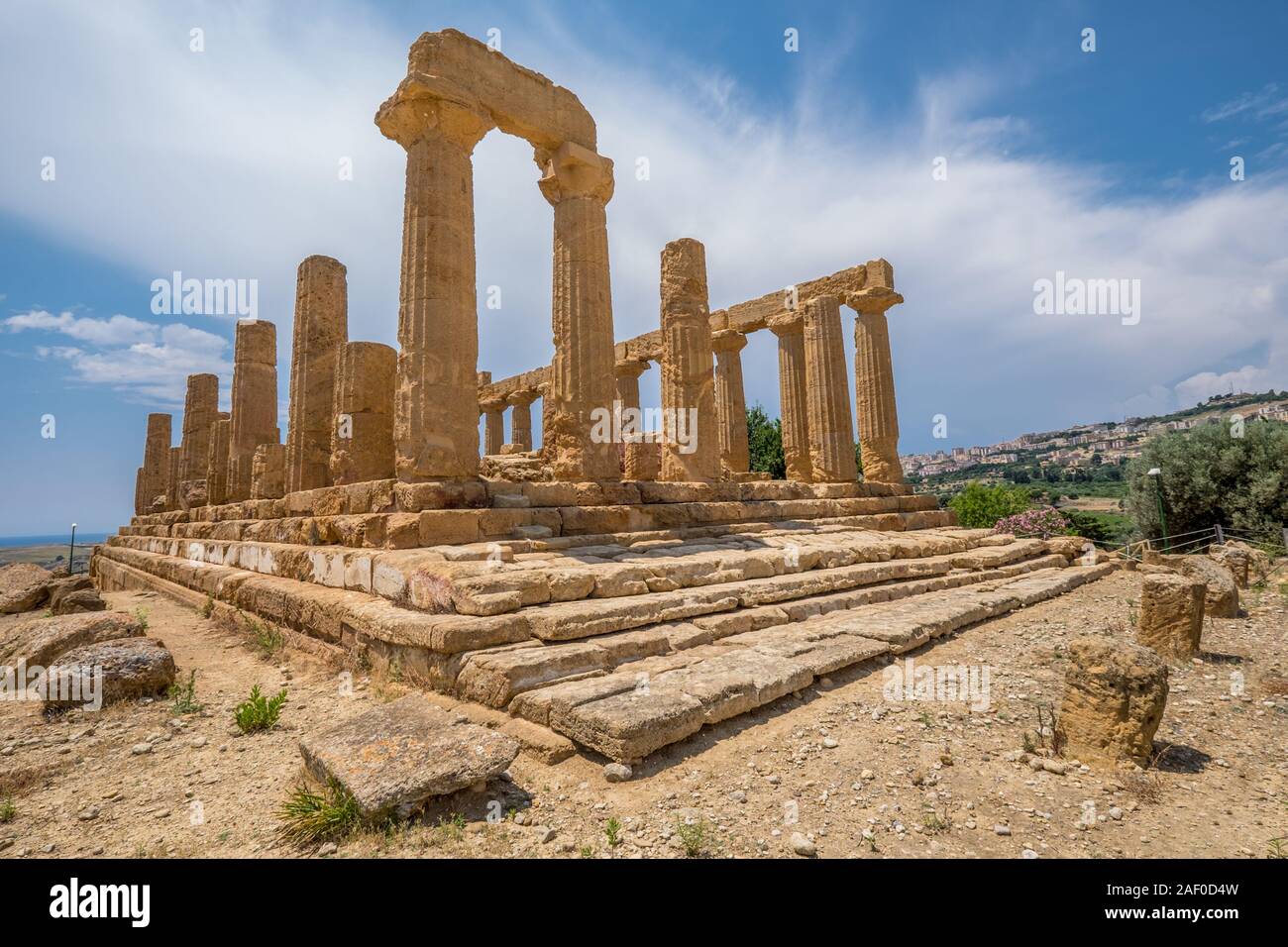 Temple of Juno or Hera Lacinia is a Greek temple built about 450 BC in the Valle dei Templi of Agrigento in Sicily Stock Photo