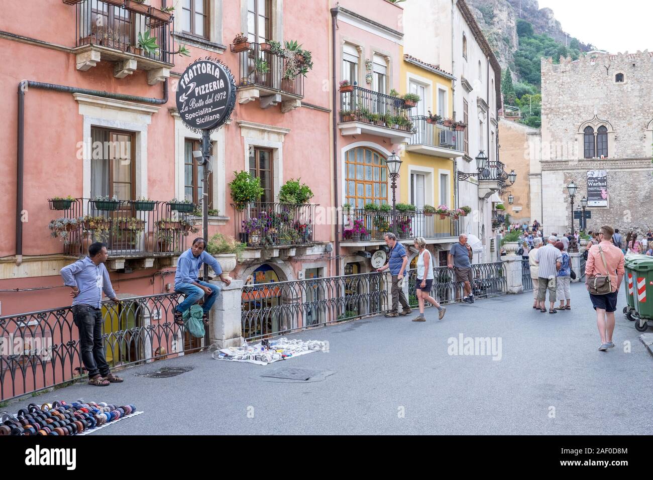 Urban scene from Taormina, Sicily. Historic Taormina is a major tourist destination on Sicily. Stock Photo
