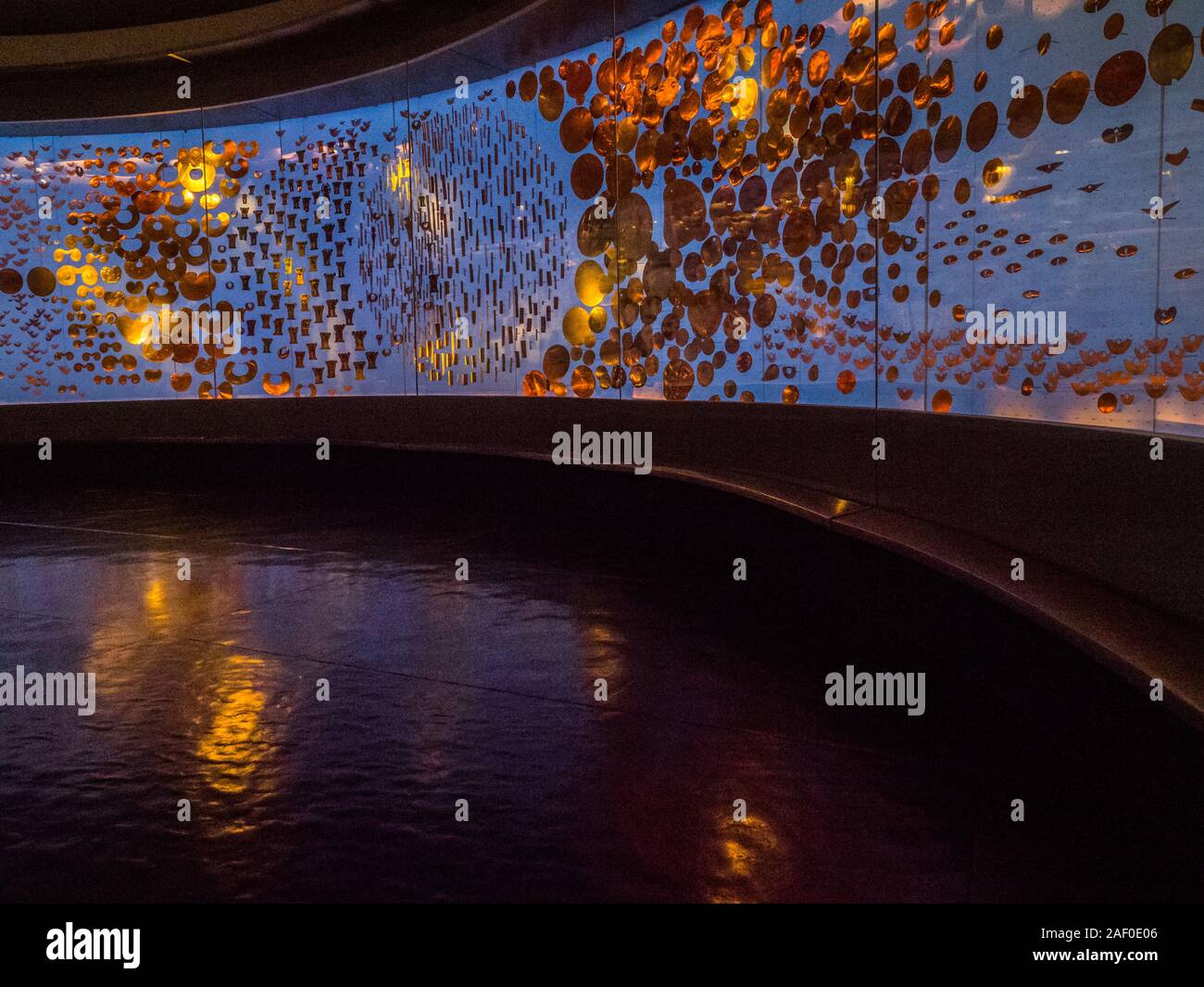 Bogota, Colombia - September 12, 2019: Exhibit  in Museum of Gold. Muisca culture. Offering place. Sacrifice room. Stock Photo