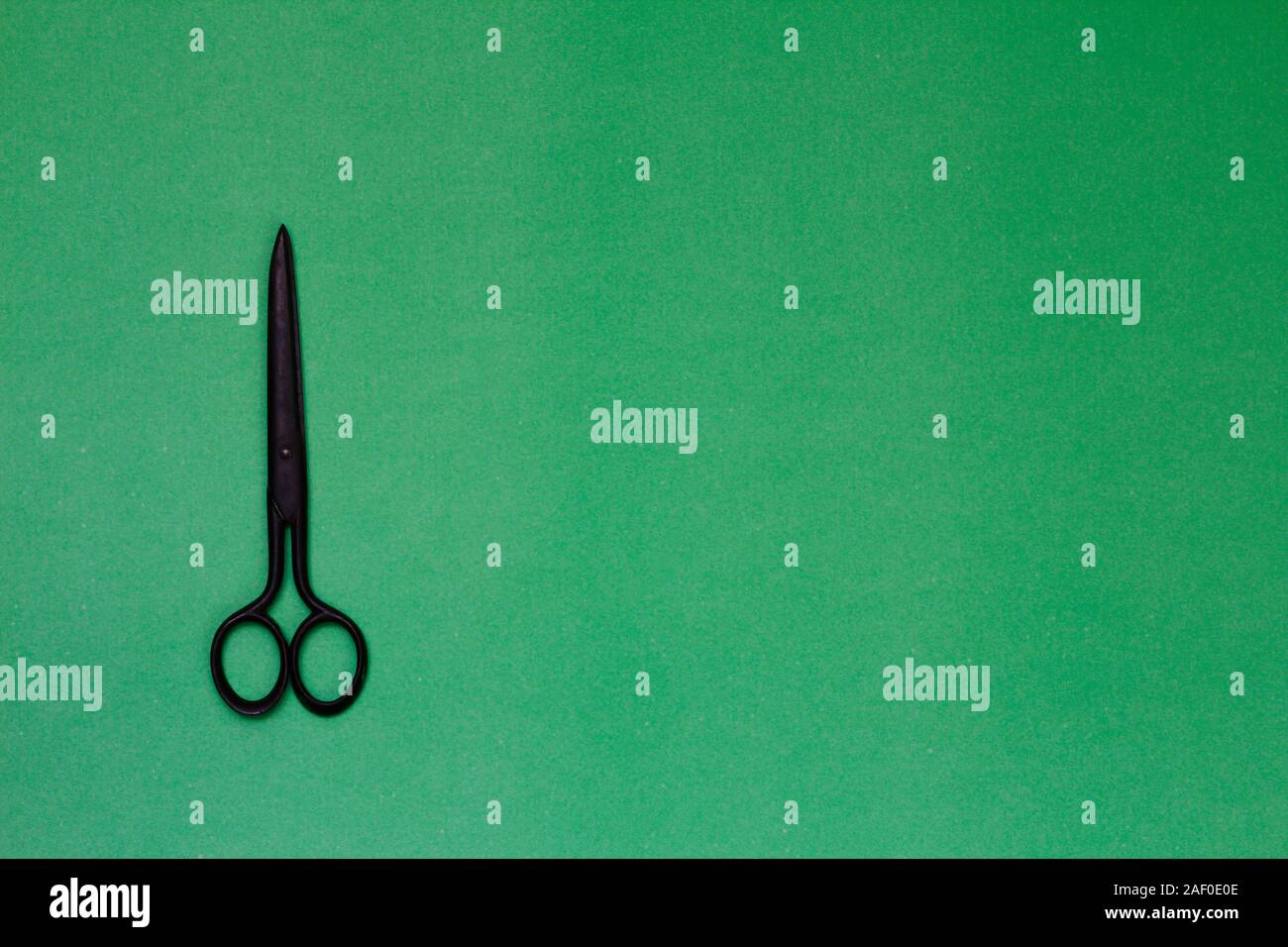Single old soviet scissors isolated on green background Stock Photo