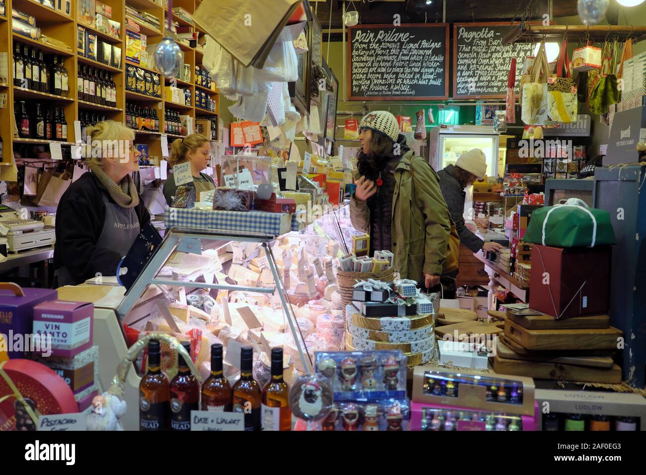 Interior view of Appleyards display of traditional Fine Foods food store on Wyle Cop in the town centre Shrewsbury Shropshire England UK KATHY DEWITT Stock Photo