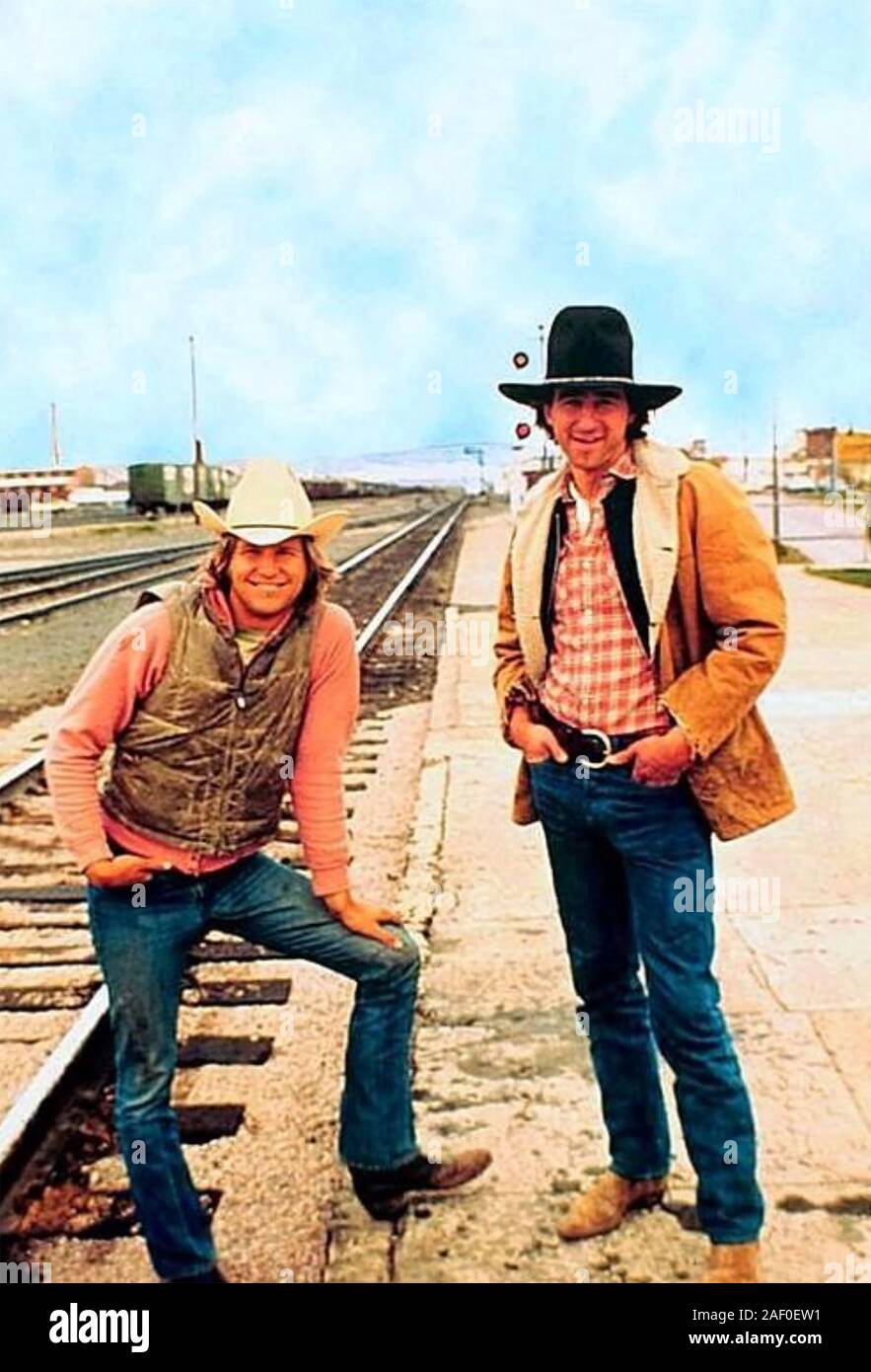 RANCHO DELUXE 1975 United Artists film with Jeff Bridges at left and Sam Waterston Stock Photo