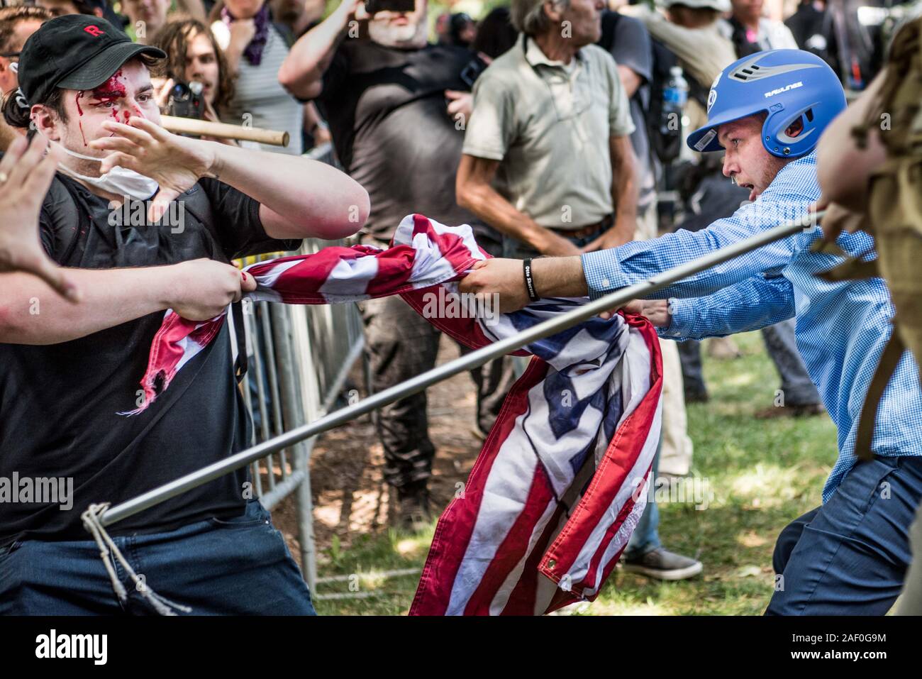Charlottesville, USA.12th Aug, 2017. White supremacist William Fears, right, at the Unite the Right Rally in Charlottesville, VA. Stock Photo