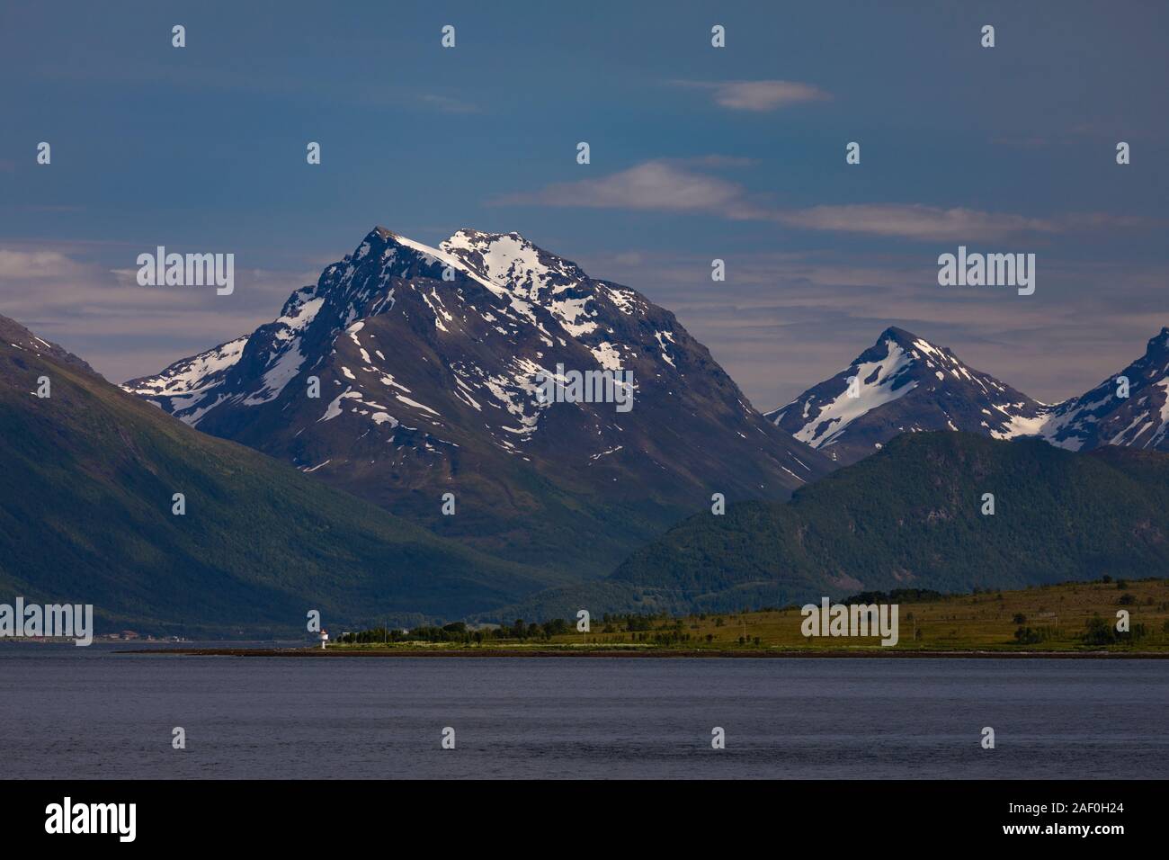 TROMSØ, NORWAY - Mountain landscape and fjord. Stock Photo