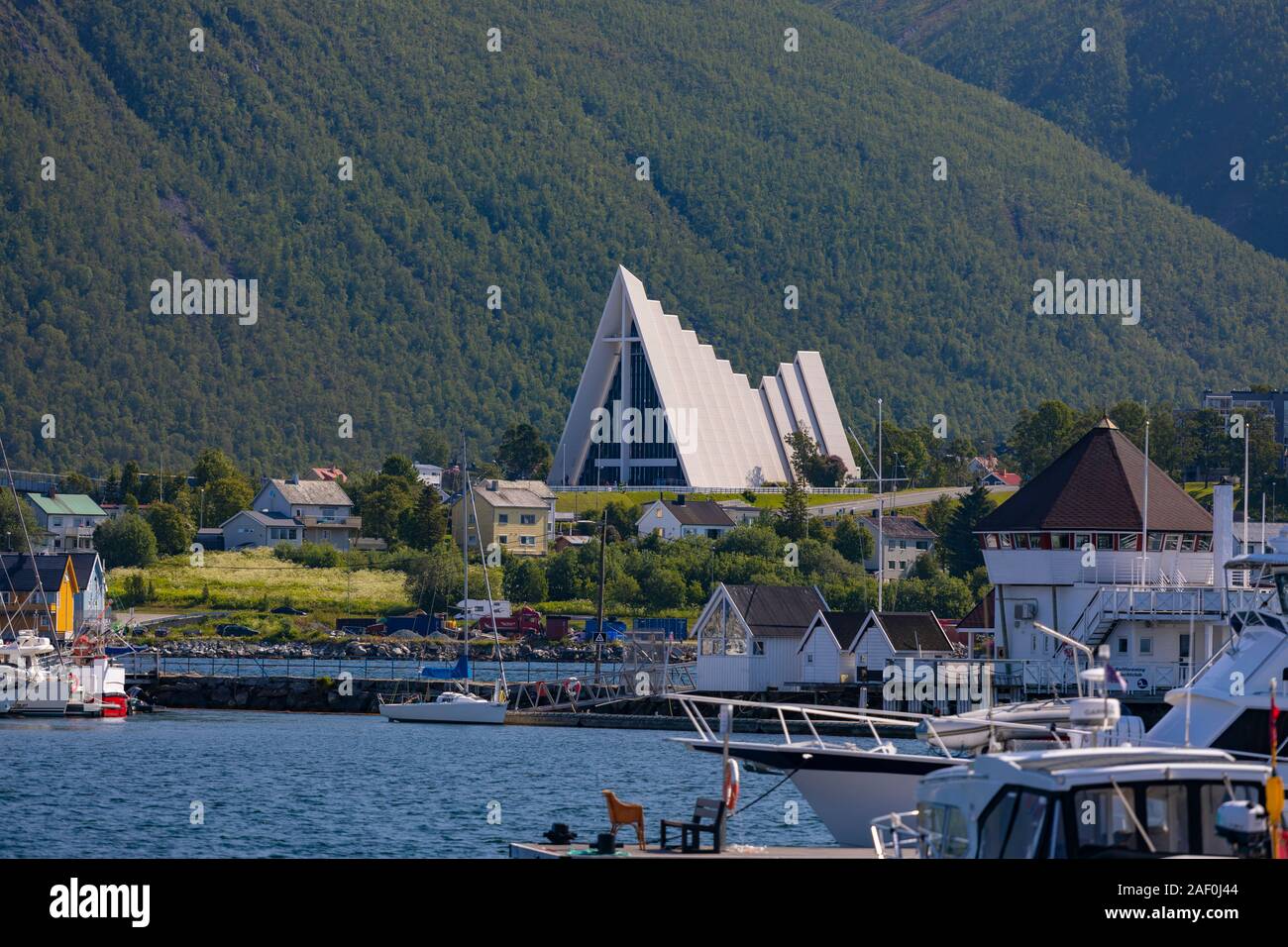 TROMSØ, NORWAY - Tromsdalen Church, or Arctic Cathedral, a modern concrete and metal church, architect Jan Inge Hovig. Stock Photo