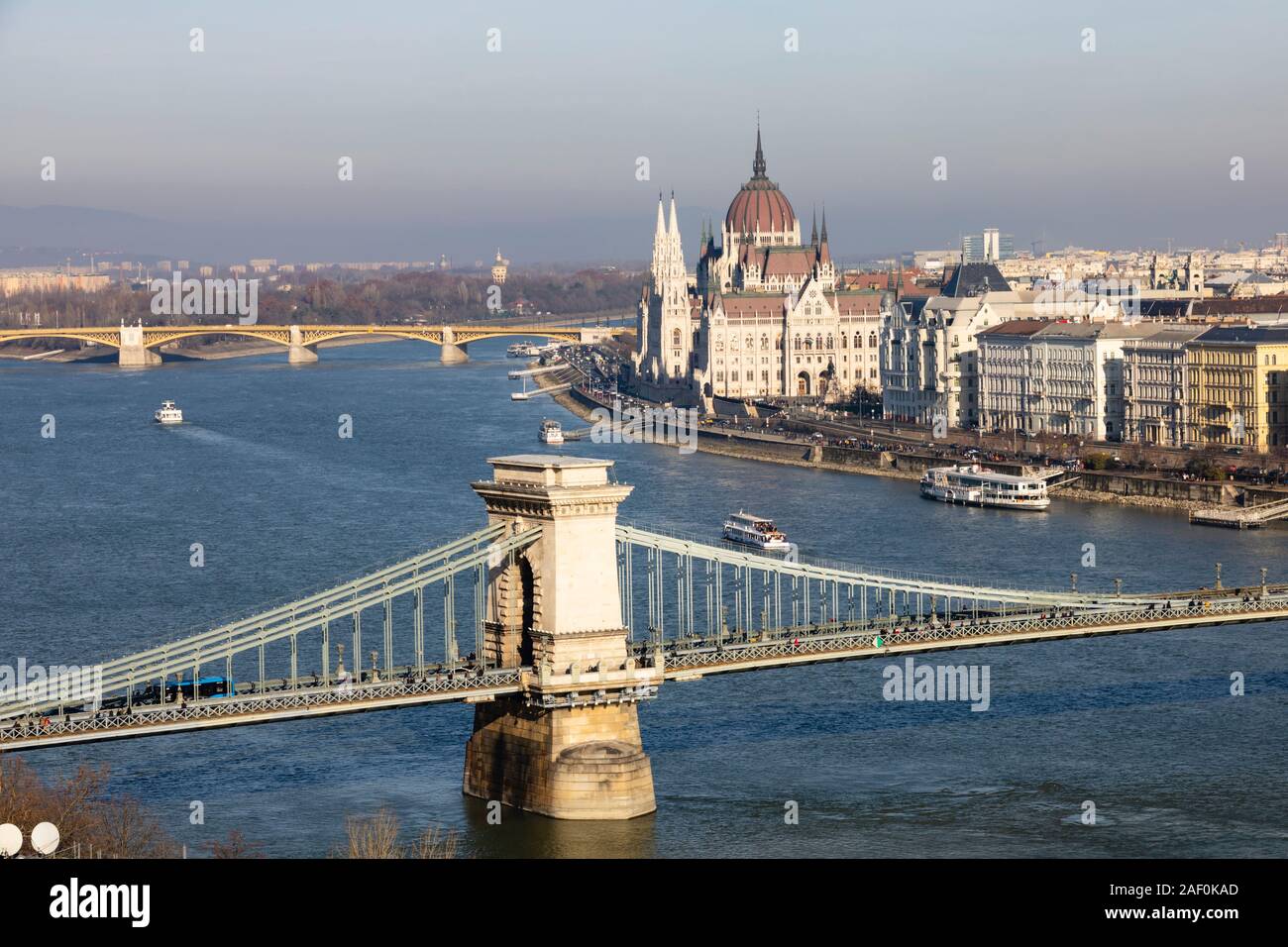 The Chain Bridge and Parliament Building, Winter in Budapest, Hungary. December 2019 Stock Photo