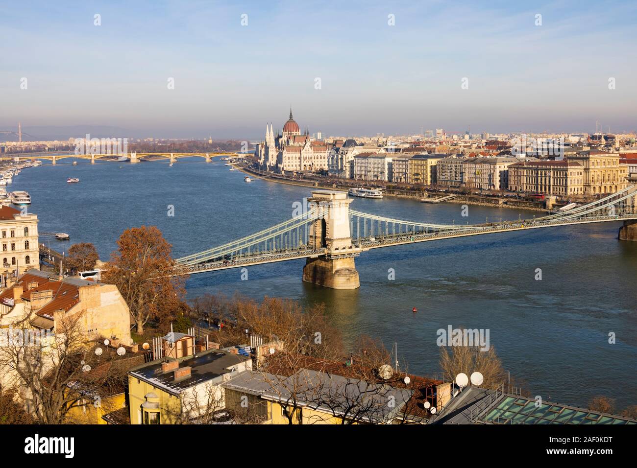 The Chain Bridge and Parliament building and River Danube. Winter in Budapest, Hungary. December 2019 Stock Photo